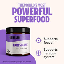 Load image into Gallery viewer, FreshCap Lions Mane Powder Supplement - Organic Brain Supplements for Memory, Focus, Cognition & Mental Clarity - Add to Coffee/Tea/Smoothies - 60 Grams