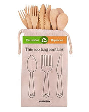 Load image into Gallery viewer, Bamboo Cutlery Set 18-Pieces Bamboo Forks Spoons & Knives - Reusable Bamboo Flatware for Picnic Party Travel or Hiking Bamboo Utensil Cutlery Set - Wooden Compostable Silverware with Travel Pouch Bag