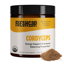 Load image into Gallery viewer, FreshCap Organic Cordyceps Mushroom Extract Powder Supplement - For Natural Energy, Exercise Performance & Endurance - Vegan, Pure Fruiting Body Extract - Add to Coffee/Tea/Smoothies - 2.1 Ounce (60g)