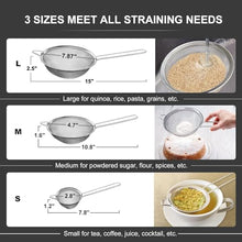 Load image into Gallery viewer, Walfos Fine Mesh Strainers Set, Premium Stainless Steel Colanders and Sifters, with Reinforced Frame Sturdy Handle, Perfect for Sift, Strain, Drain Rinse Vegetables, Pastas Tea - 3 Sizes