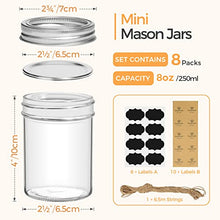 Load image into Gallery viewer, ComSaf Small Mason Jars 8oz - 8 Pack, Regular Mouth Mason Jar with Lids and Seal Bands, Glass Half Pint Canning Jar for Spice, Jam, Honey, Pickle, Dessert, Shower Wedding Favors, DIY Candles Decor