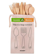 Load image into Gallery viewer, Bamboo Cutlery Set 18-Pieces Bamboo Forks Spoons &amp; Knives - Reusable Bamboo Flatware for Picnic Party Travel or Hiking Bamboo Utensil Cutlery Set - Wooden Compostable Silverware with Travel Pouch Bag
