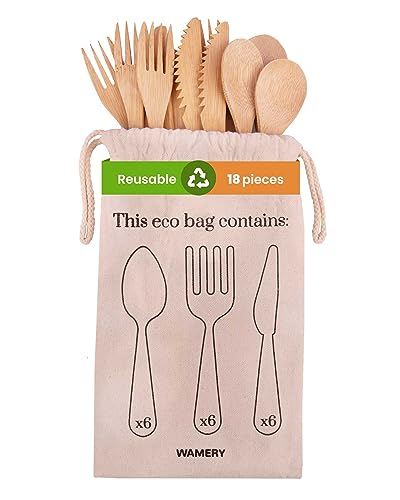Bamboo Cutlery Set 18-Pieces Bamboo Forks Spoons & Knives - Reusable Bamboo Flatware for Picnic Party Travel or Hiking Bamboo Utensil Cutlery Set - Wooden Compostable Silverware with Travel Pouch Bag