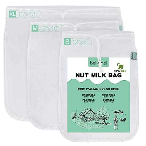 Bellamei Nut Milk Bag Reusable Food Strainer Nut Bags for Straining Almond/Soy Milk Greek Yogurt Professional for Cold Brew Coffee Tea Beer Celery Juice Fine Nylon Mesh(3 pack-8