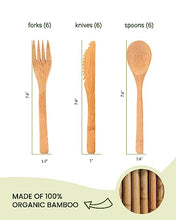 Load image into Gallery viewer, Bamboo Cutlery Set 18-Pieces Bamboo Forks Spoons &amp; Knives - Reusable Bamboo Flatware for Picnic Party Travel or Hiking Bamboo Utensil Cutlery Set - Wooden Compostable Silverware with Travel Pouch Bag
