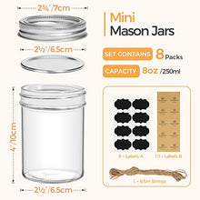 Load image into Gallery viewer, ComSaf Small Mason Jars 8oz - 8 Pack, Regular Mouth Mason Jar with Lids and Seal Bands, Glass Half Pint Canning Jar for Spice, Jam, Honey, Pickle, Dessert, Shower Wedding Favors, DIY Candles Decor
